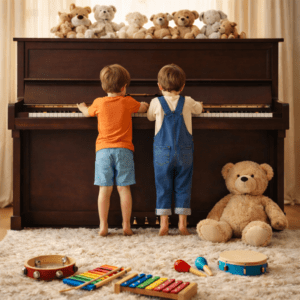handicap invisible : deux enfants jouant debout devant un piano, entourés de peluches