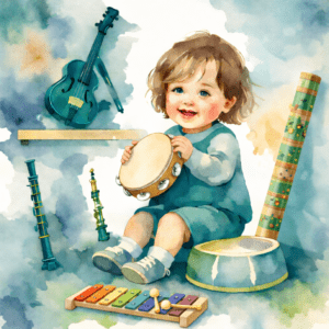 séance d'éveil musical : petit enfant découvrant la musique en jouant avec des instruments