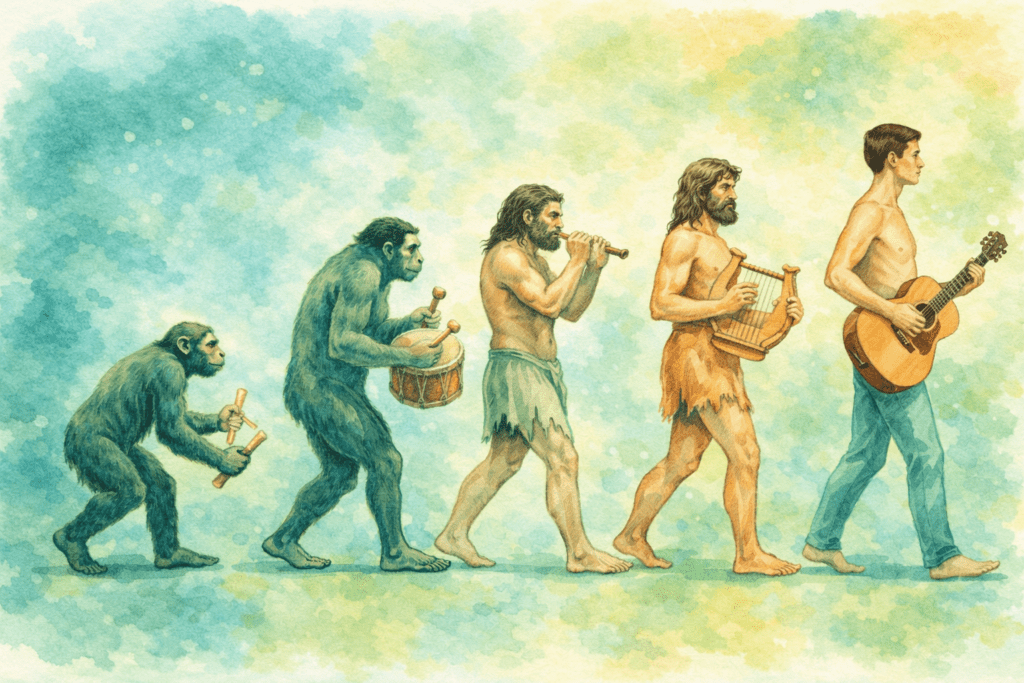 fresque de l'évolution adaptée à la musique : du singe tapant sur deux morceaux de bois au musicien moderne