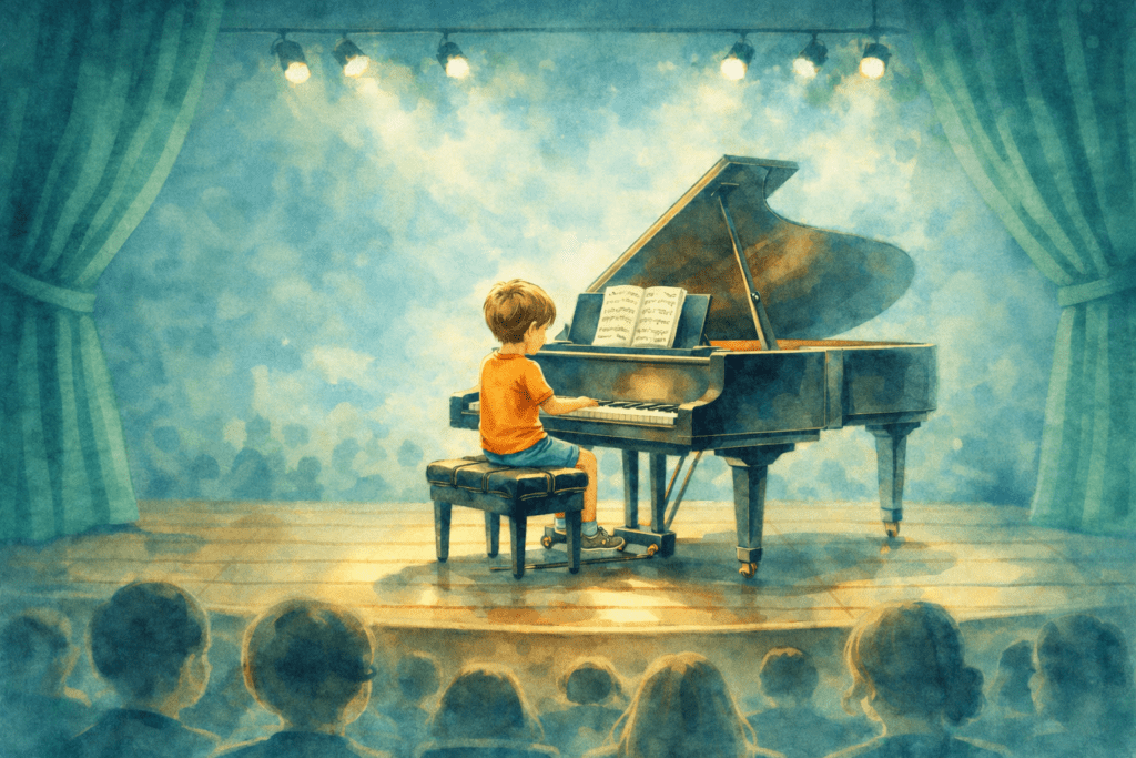 enfant jouant du piano pendant un spectacle