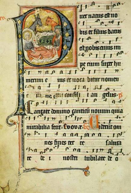 manuscrit de l'hymne grégorien puer natus est où les neumes sont positionnés sur des lignes