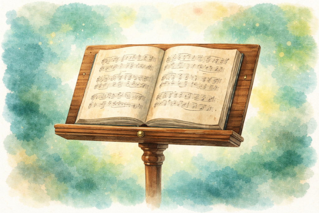 partition ouverte sur un pupitre en bois