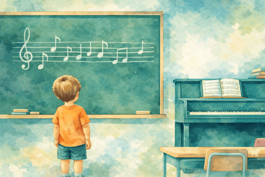 enfant regardant une portée musicale dans une salle de classe de musique