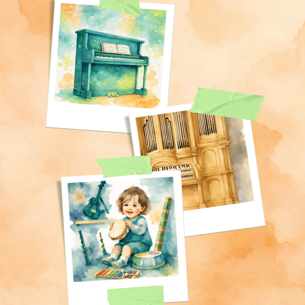 Pêle-mêle de 3 photos représentant les cours enseignés : piano, orgue et éveil musical