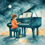 Un cours de piano : enfant vu de dos jouant sur un piano à queue