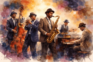 orchestre de jazz avec saxophone, trompette, contrebasse, piano, batterie