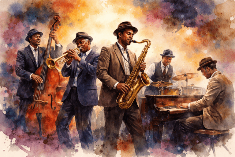 orchestre de jazz avec saxophone, trompette, contrebasse, piano, batterie