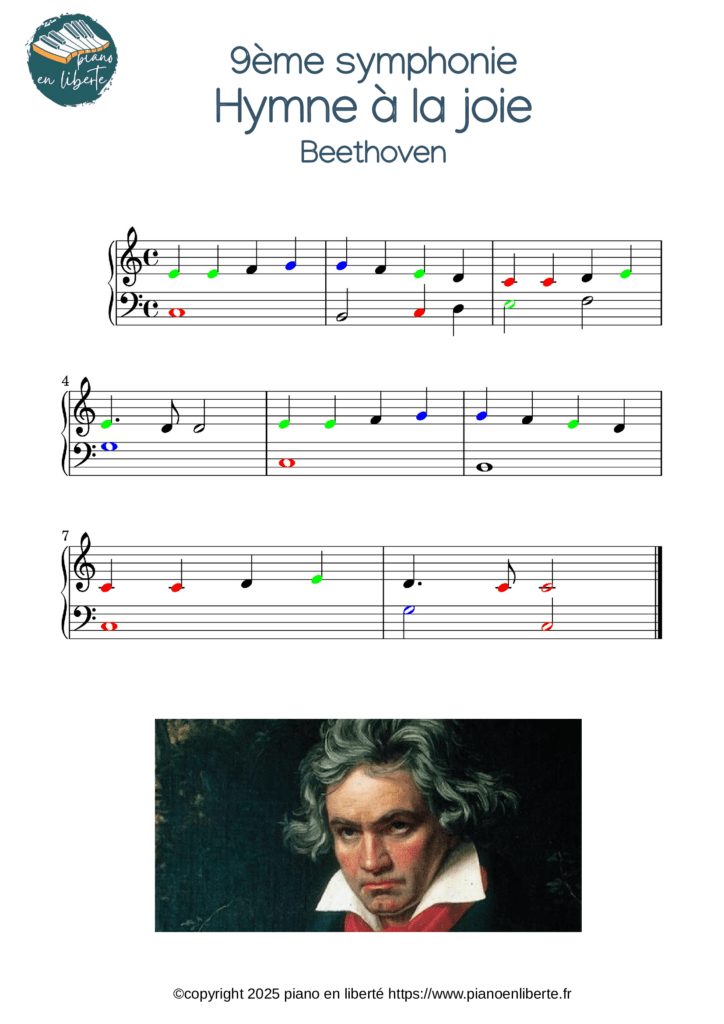 partition piano de l'hymne à la joie, Beethoven en version très simplifiée