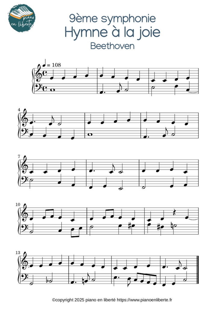 partition piano de l'hymne à la joie de Beethoven
