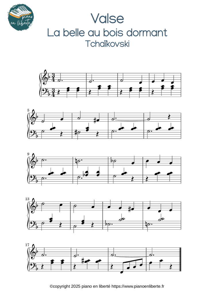 partition pour piano facile extrait de la valse de "la belle au bois dormant" de Tchaïkovsky