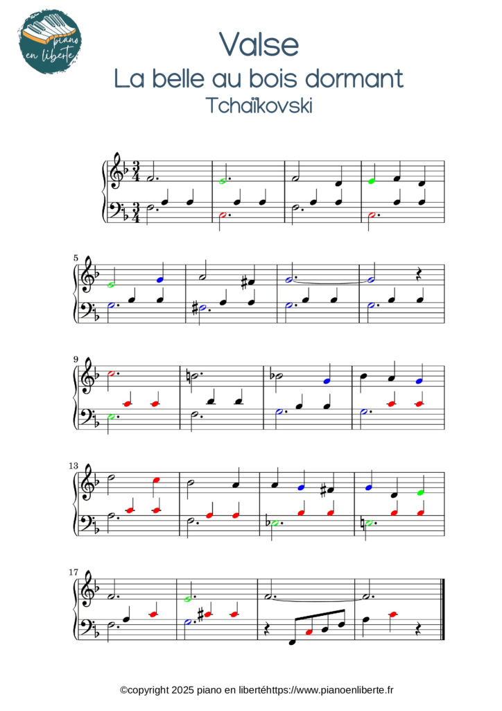 partition simplifiée pour piano extrait de la valse de la belle au bois dormant de Tchaïkovsky