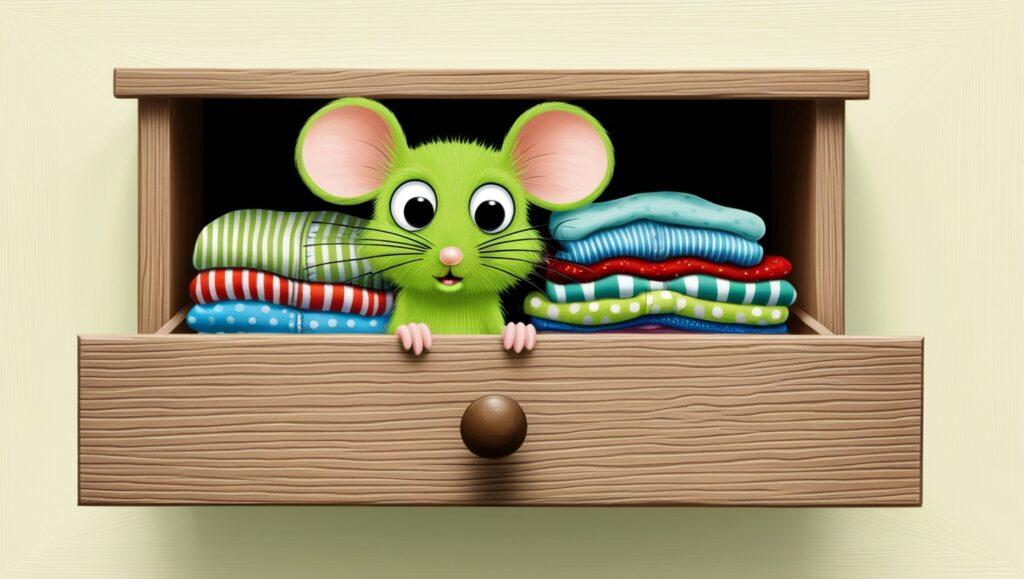 une souris verte dans un tiroir