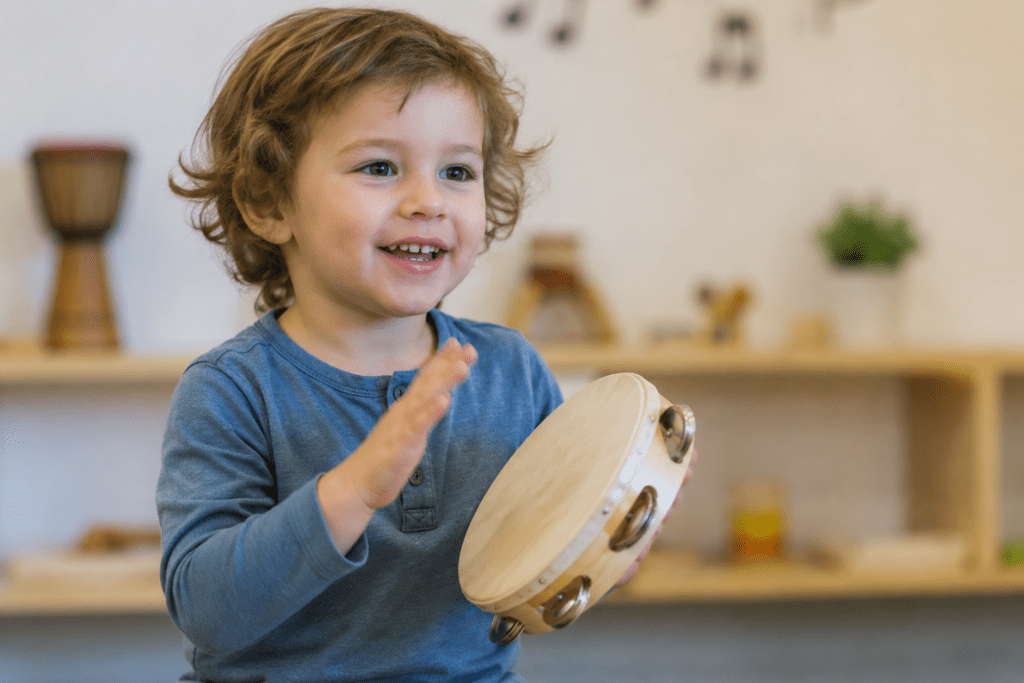 petit enfant jouant du tambourin pendant un séance d'éveil musical