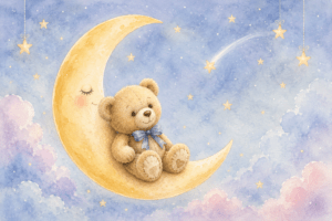 petit ourson assis au clair de la lune dans un ciel étoilé