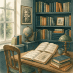 Accueil 3 bibliothèque musicale remplie de livres d'histoire de la musique, de livres sur la pédagogie et de partitions. Au mur est suspendu un portrait de Beethoven.