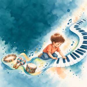 enfant choisissant entre des percussions ou un piano