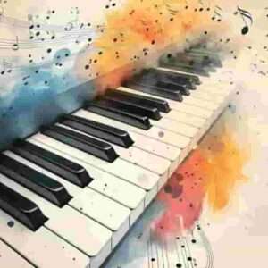 clavier de piano entouré de signes de solfège