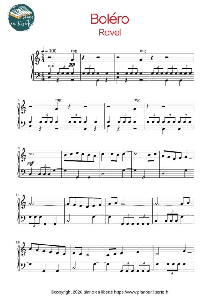 Boléro de Ravel 2 partition piano facile du Boléro de Ravel